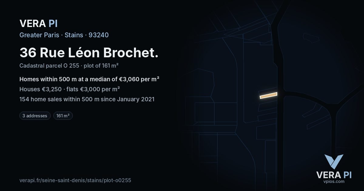 36 Rue Léon Brochet, Stains at night – the plot lit, the parcels around coloured by the prices near them