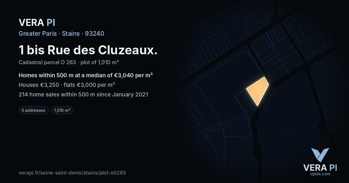 1 bis Rue des Cluzeaux, Stains at night – the plot lit, the parcels around coloured by the prices near them