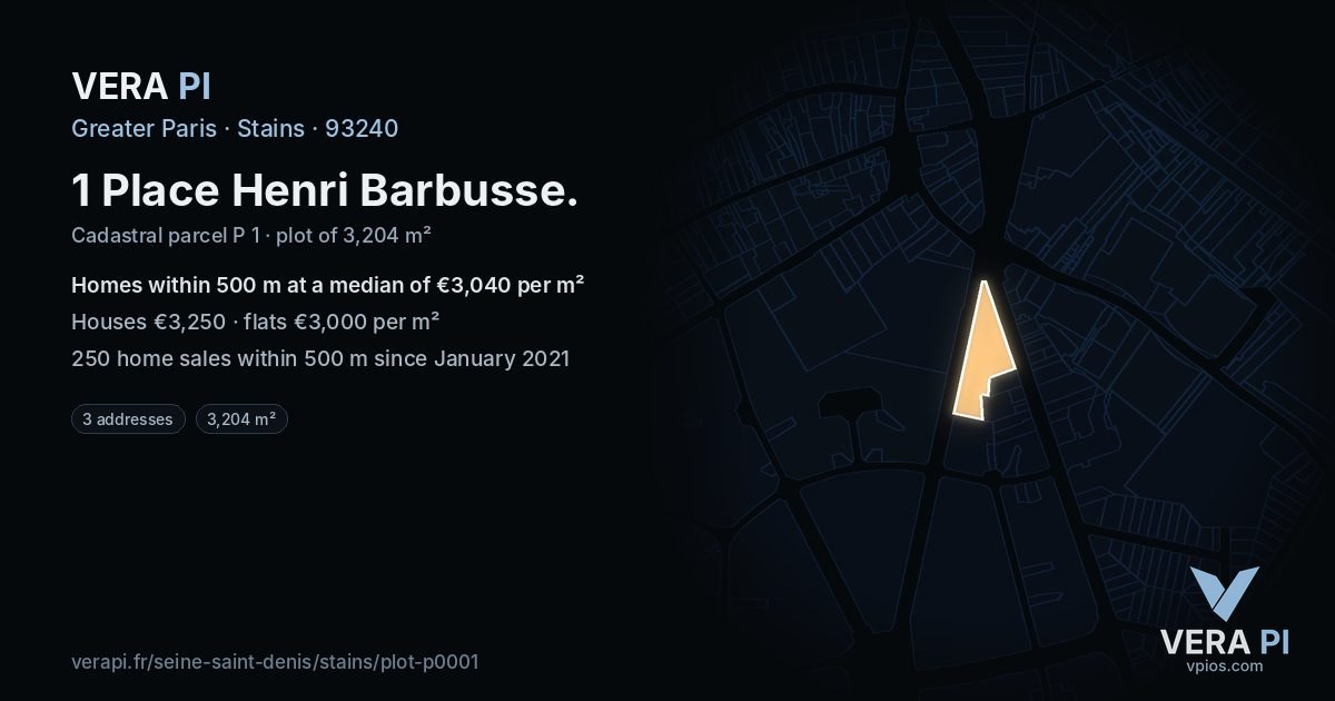 1 Place Henri Barbusse, Stains at night – the plot lit, the parcels around coloured by the prices near them