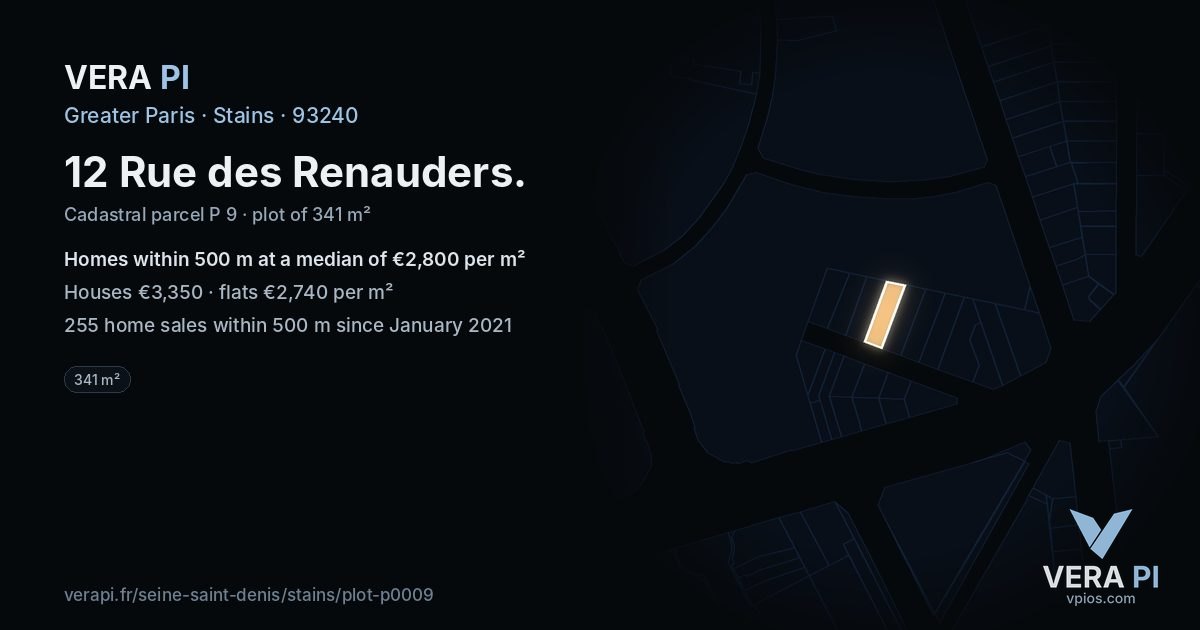 12 Rue des Renauders, Stains at night – the plot lit, the parcels around coloured by the prices near them