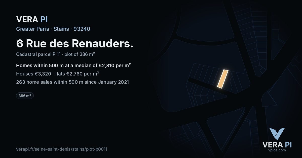 6 Rue des Renauders, Stains at night – the plot lit, the parcels around coloured by the prices near them