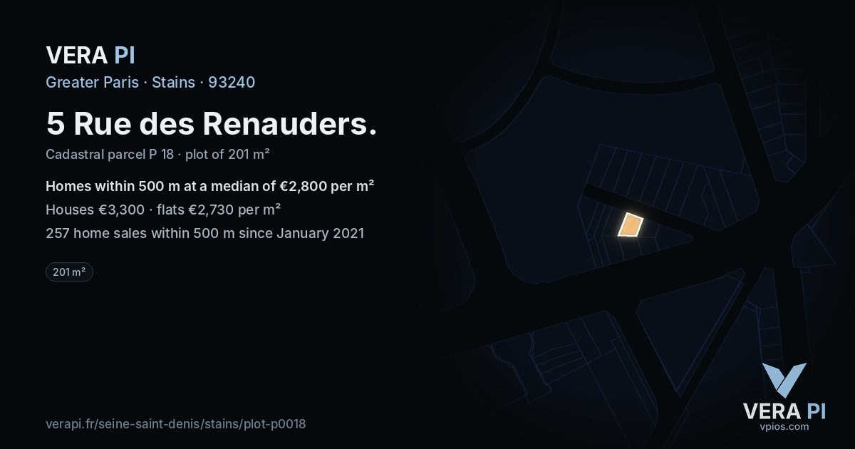 5 Rue des Renauders, Stains at night – the plot lit, the parcels around coloured by the prices near them