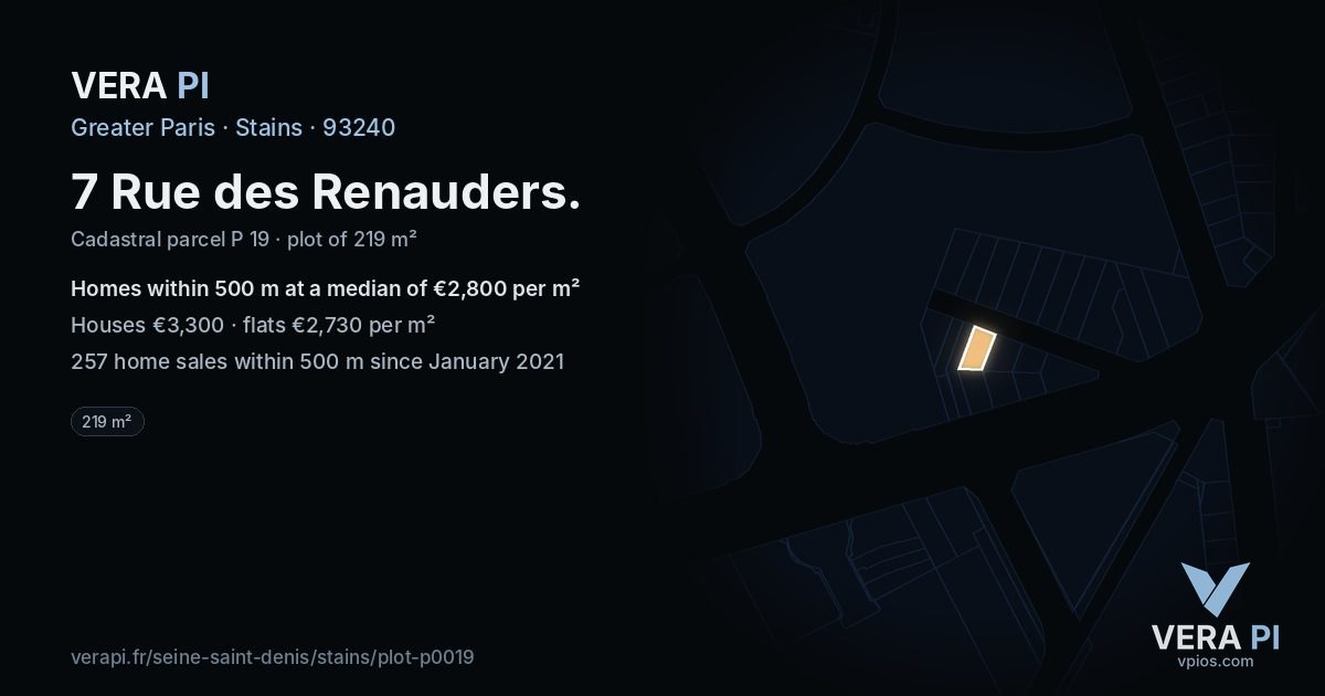 7 Rue des Renauders, Stains at night – the plot lit, the parcels around coloured by the prices near them