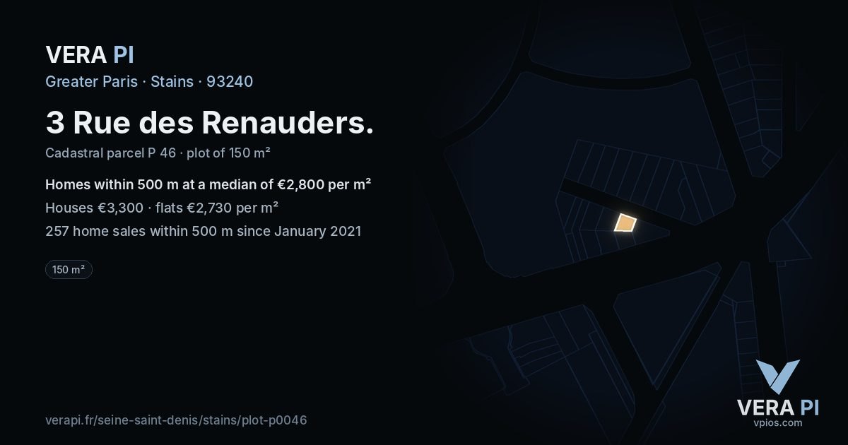 3 Rue des Renauders, Stains at night – the plot lit, the parcels around coloured by the prices near them