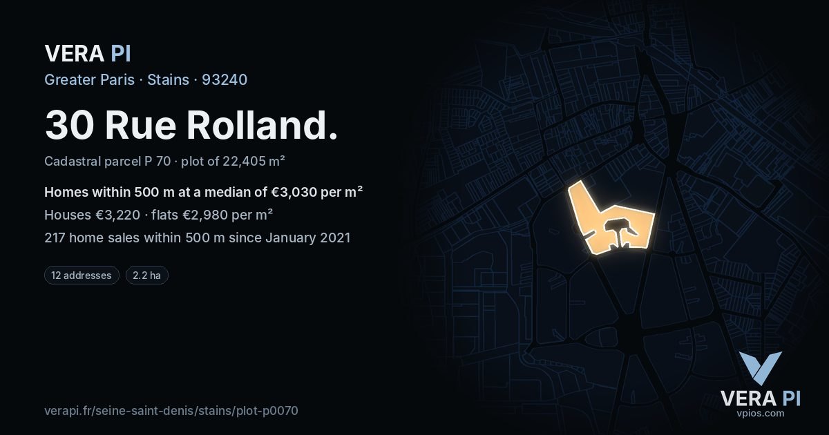 30 Rue Rolland, Stains at night – the plot lit, the parcels around coloured by the prices near them