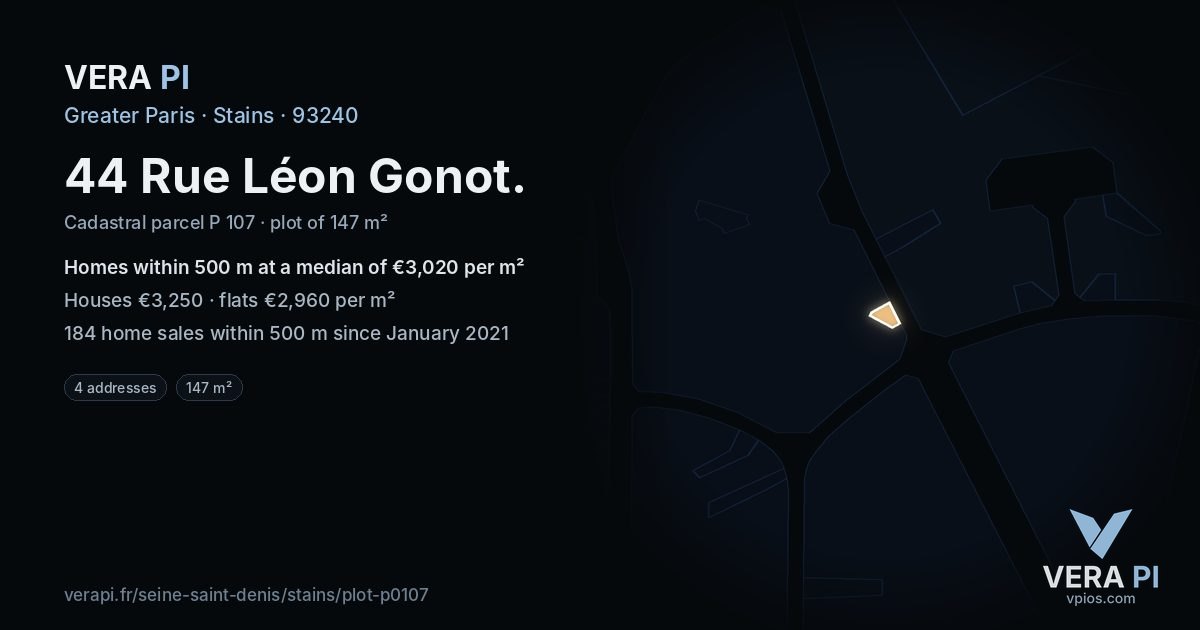44 Rue Léon Gonot, Stains at night – the plot lit, the parcels around coloured by the prices near them