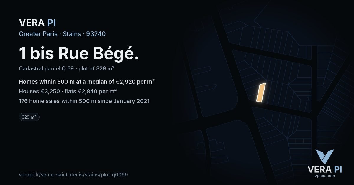 1 bis Rue Bégé, Stains at night – the plot lit, the parcels around coloured by the prices near them