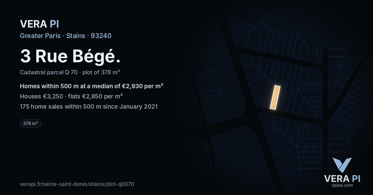 3 Rue Bégé, Stains at night – the plot lit, the parcels around coloured by the prices near them