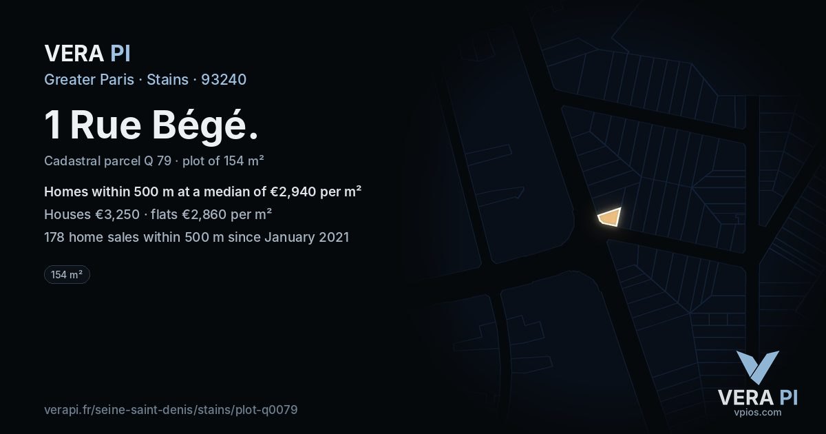 1 Rue Bégé, Stains at night – the plot lit, the parcels around coloured by the prices near them