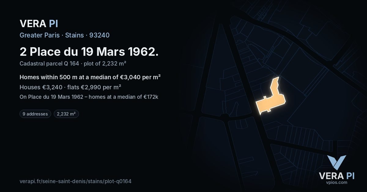 2 Place du 19 Mars 1962, Stains at night – the plot lit, the parcels around coloured by the prices near them