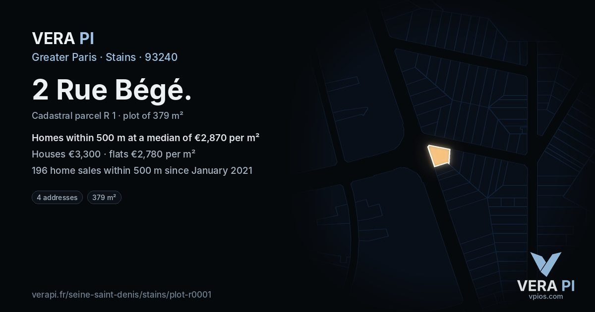 2 Rue Bégé, Stains at night – the plot lit, the parcels around coloured by the prices near them
