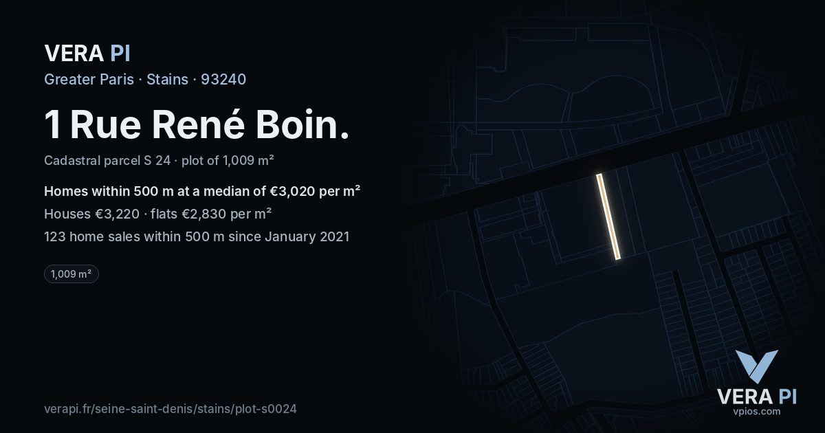 1 Rue René Boin, Stains at night – the plot lit, the parcels around coloured by the prices near them
