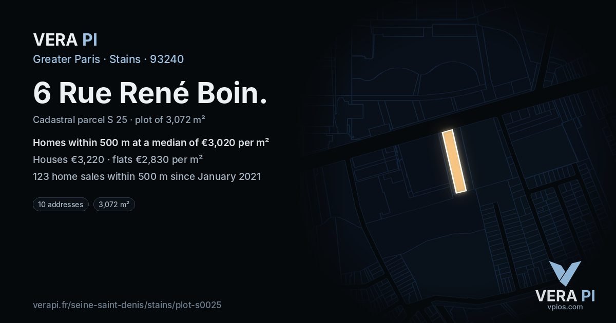 6 Rue René Boin, Stains at night – the plot lit, the parcels around coloured by the prices near them