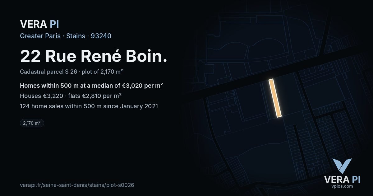 22 Rue René Boin, Stains at night – the plot lit, the parcels around coloured by the prices near them