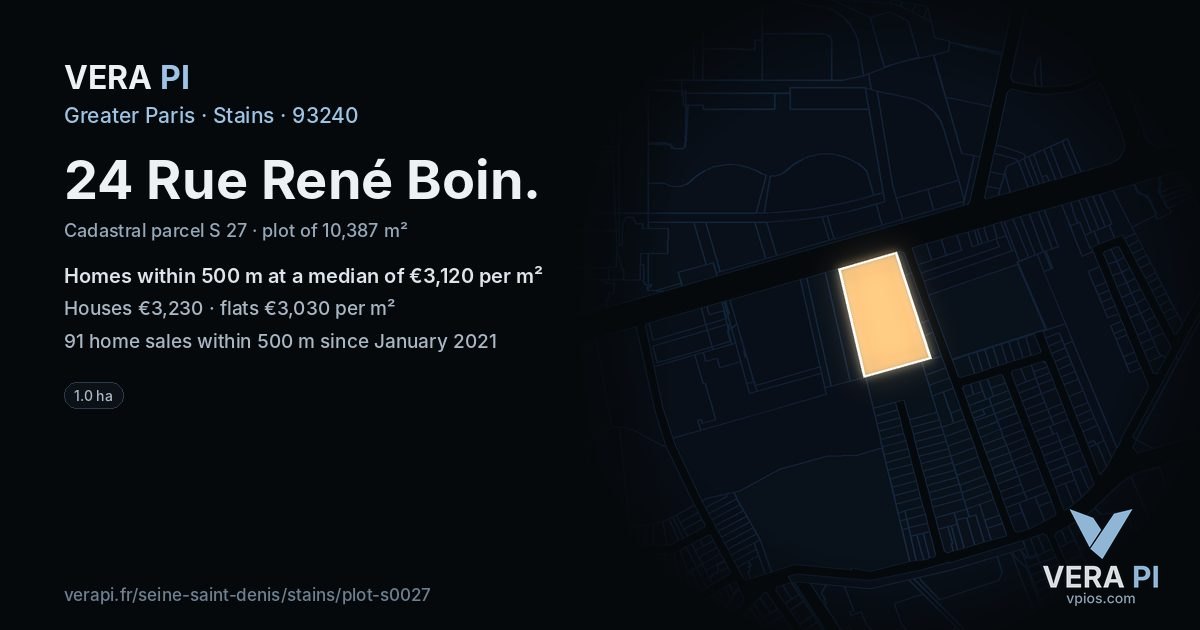 24 Rue René Boin, Stains at night – the plot lit, the parcels around coloured by the prices near them
