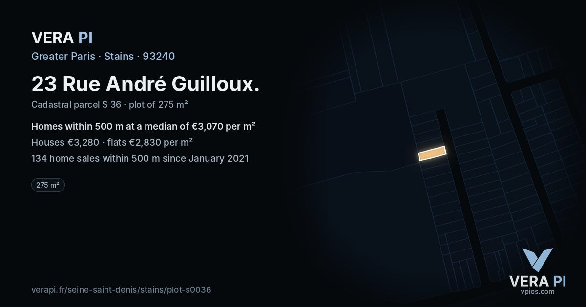 23 Rue André Guilloux, Stains at night – the plot lit, the parcels around coloured by the prices near them