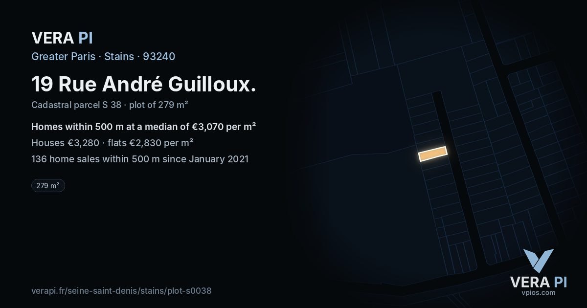 19 Rue André Guilloux, Stains at night – the plot lit, the parcels around coloured by the prices near them