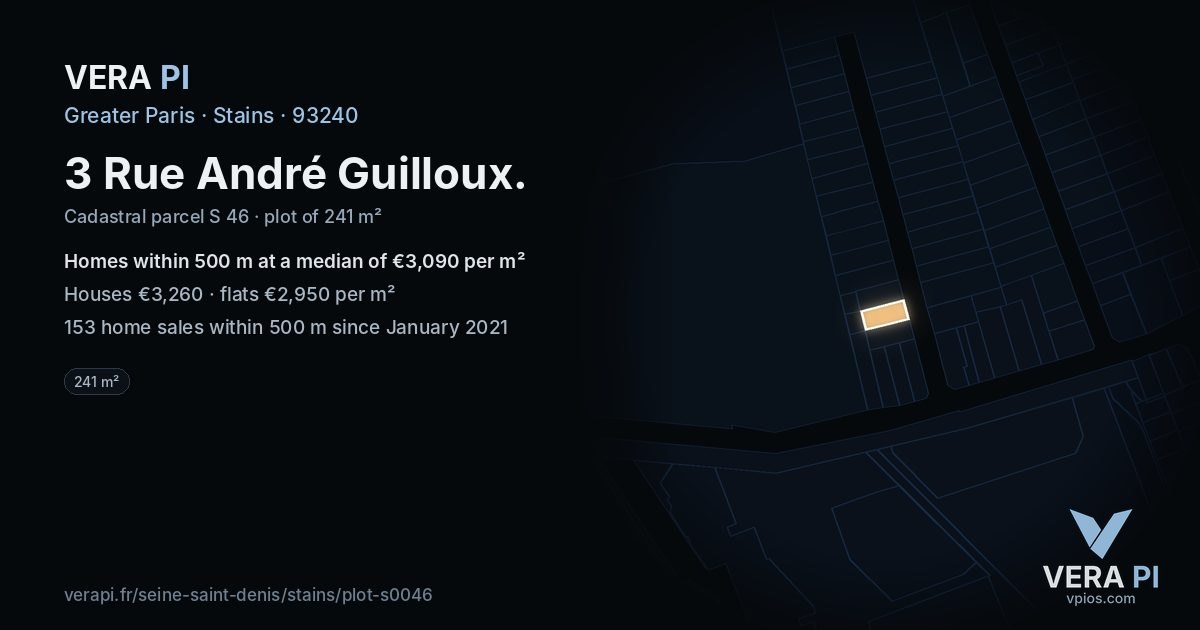 3 Rue André Guilloux, Stains at night – the plot lit, the parcels around coloured by the prices near them
