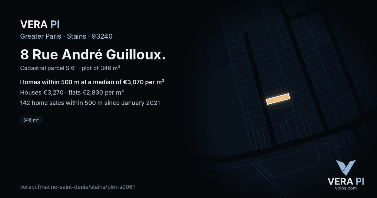 8 Rue André Guilloux, Stains at night – the plot lit, the parcels around coloured by the prices near them
