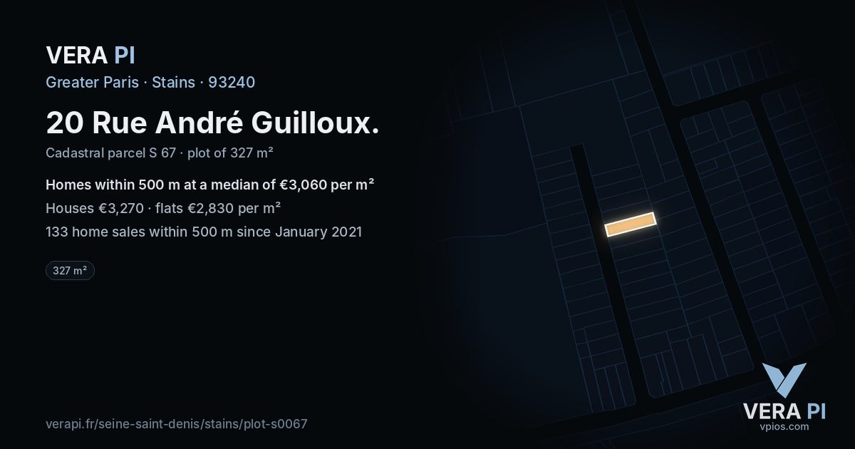 20 Rue André Guilloux, Stains at night – the plot lit, the parcels around coloured by the prices near them
