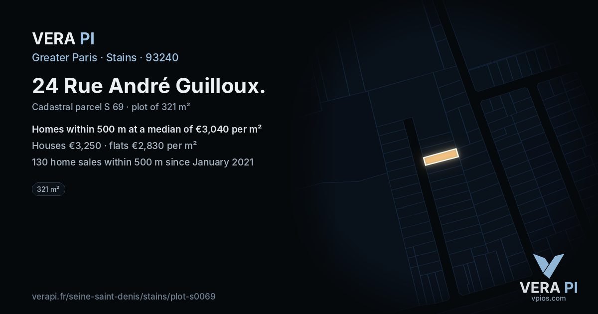 24 Rue André Guilloux, Stains at night – the plot lit, the parcels around coloured by the prices near them