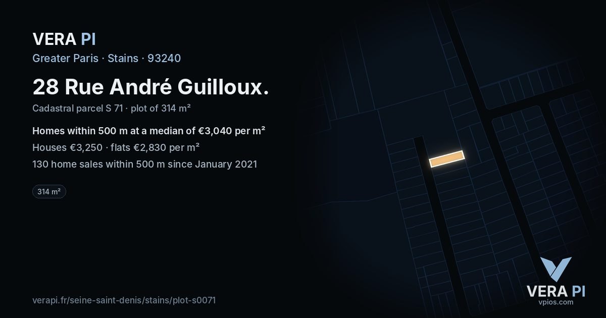 28 Rue André Guilloux, Stains at night – the plot lit, the parcels around coloured by the prices near them