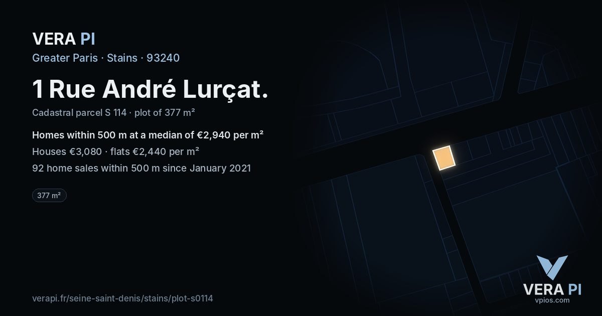 1 Rue André Lurçat, Stains at night – the plot lit, the parcels around coloured by the prices near them