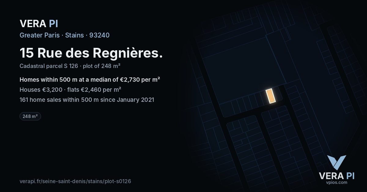 15 Rue des Regnières, Stains at night – the plot lit, the parcels around coloured by the prices near them