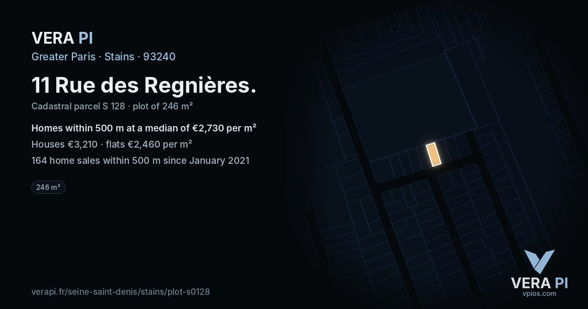 11 Rue des Regnières, Stains at night – the plot lit, the parcels around coloured by the prices near them