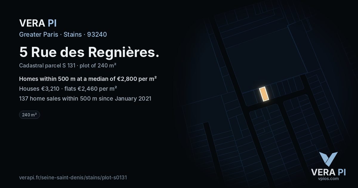 5 Rue des Regnières, Stains at night – the plot lit, the parcels around coloured by the prices near them