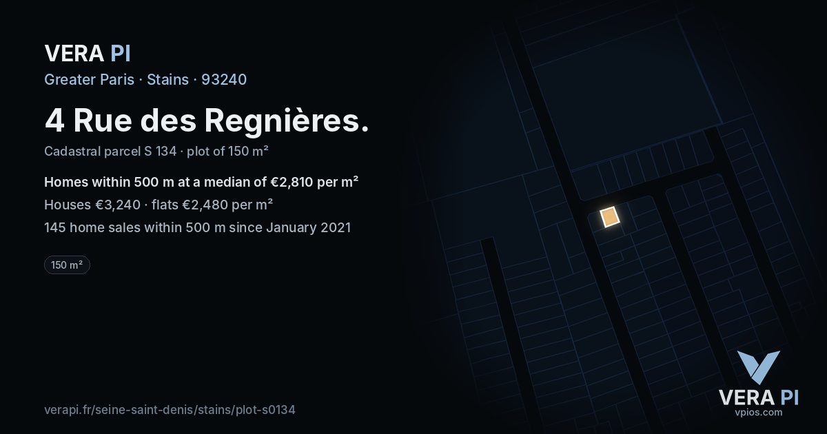 4 Rue des Regnières, Stains at night – the plot lit, the parcels around coloured by the prices near them