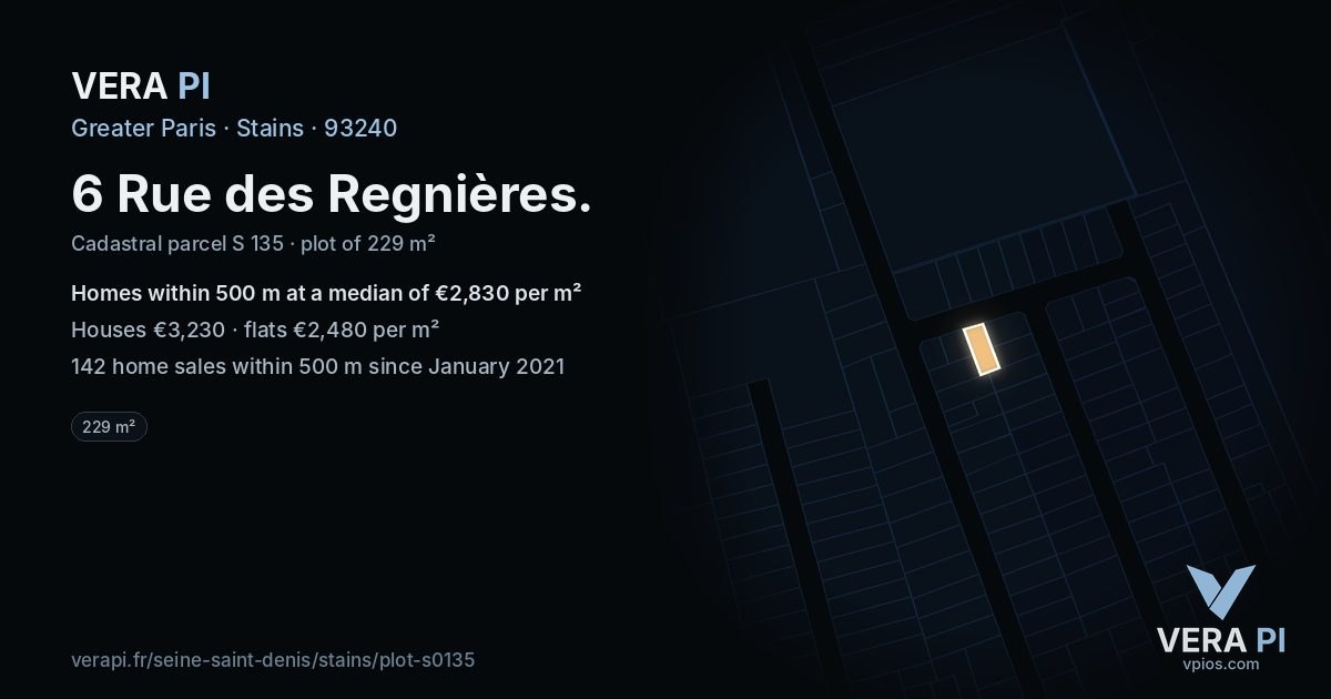 6 Rue des Regnières, Stains at night – the plot lit, the parcels around coloured by the prices near them