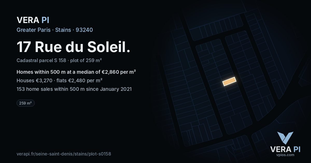 17 Rue du Soleil, Stains at night – the plot lit, the parcels around coloured by the prices near them