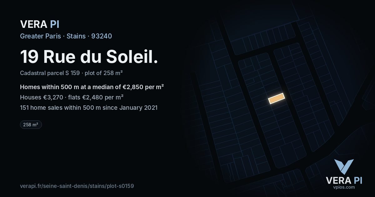 19 Rue du Soleil, Stains at night – the plot lit, the parcels around coloured by the prices near them