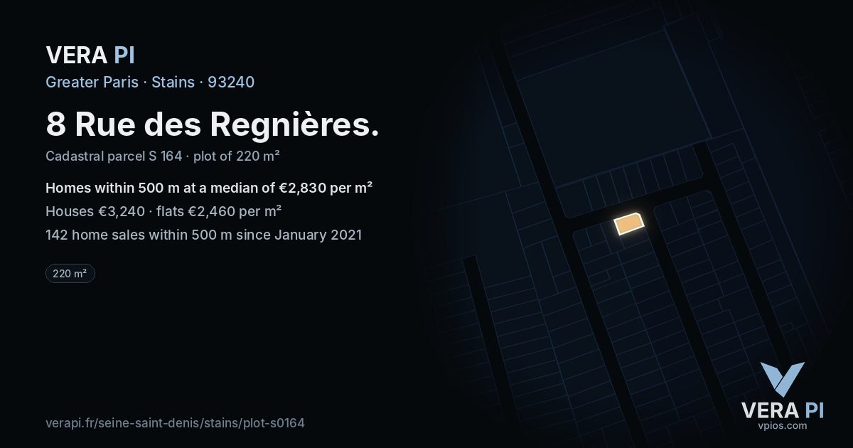8 Rue des Regnières, Stains at night – the plot lit, the parcels around coloured by the prices near them