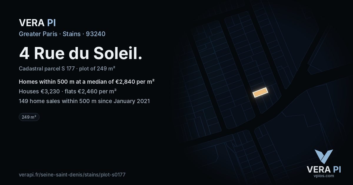 4 Rue du Soleil, Stains at night – the plot lit, the parcels around coloured by the prices near them