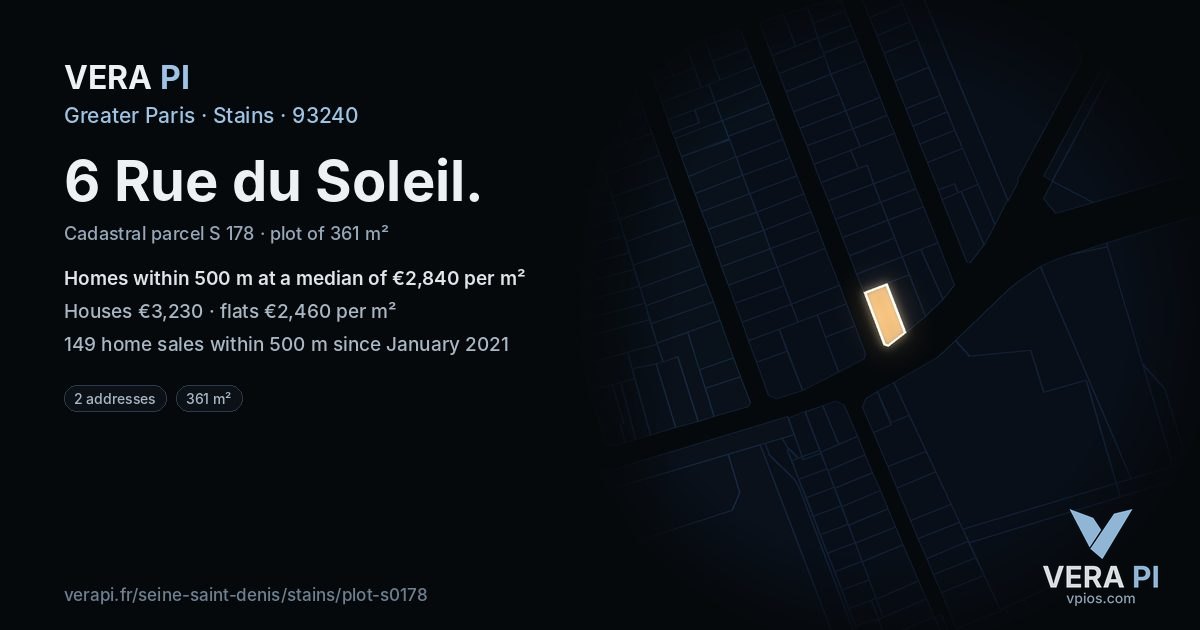 6 Rue du Soleil, Stains at night – the plot lit, the parcels around coloured by the prices near them