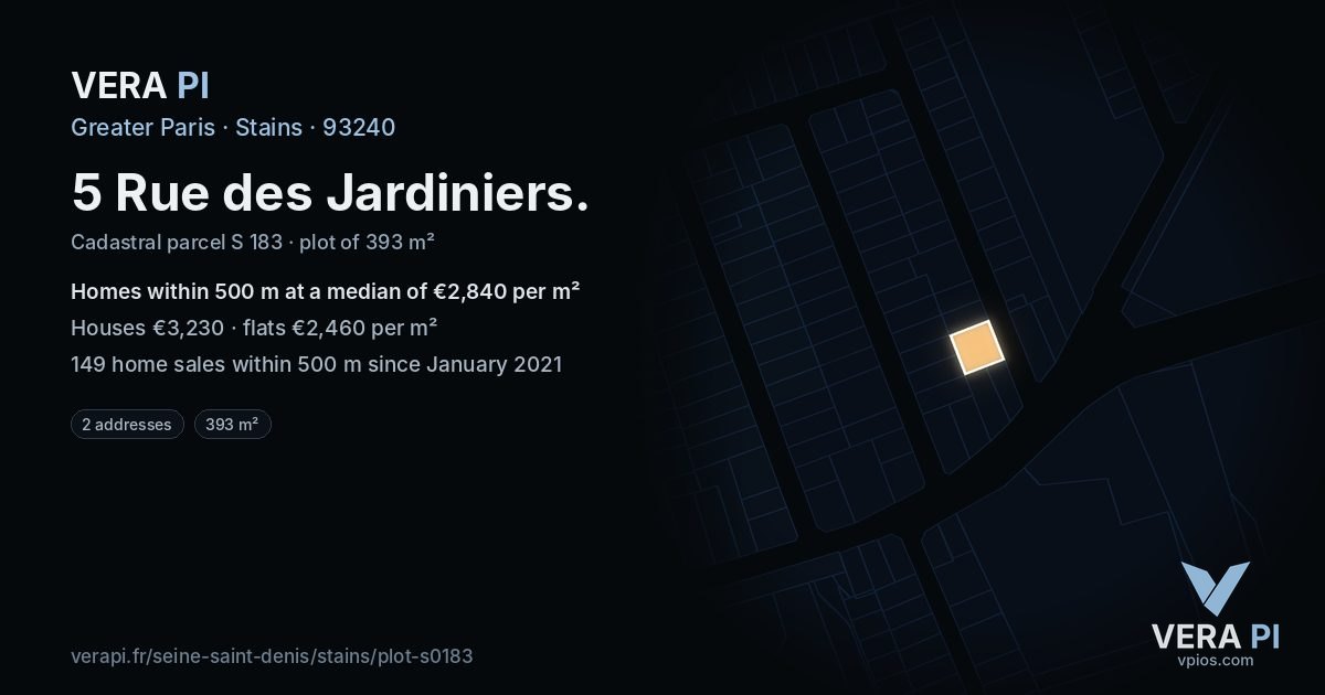 5 Rue des Jardiniers, Stains at night – the plot lit, the parcels around coloured by the prices near them