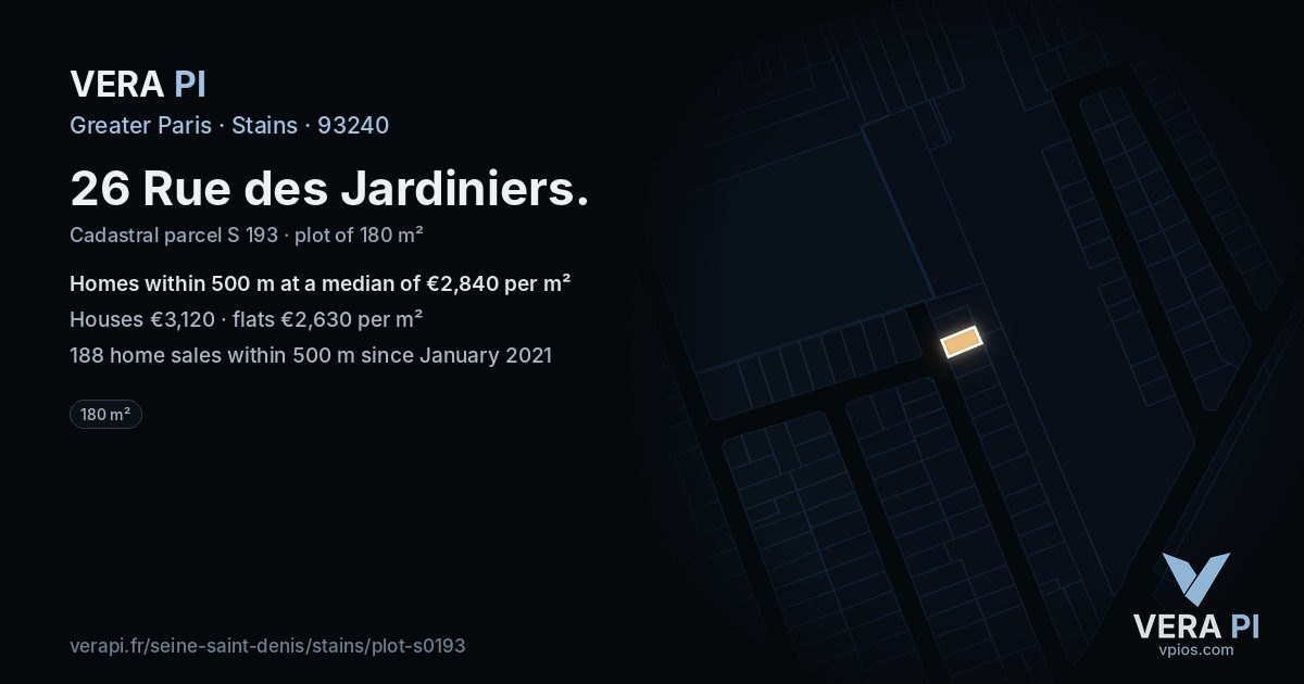 26 Rue des Jardiniers, Stains at night – the plot lit, the parcels around coloured by the prices near them