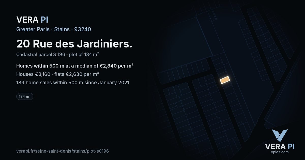 20 Rue des Jardiniers, Stains at night – the plot lit, the parcels around coloured by the prices near them