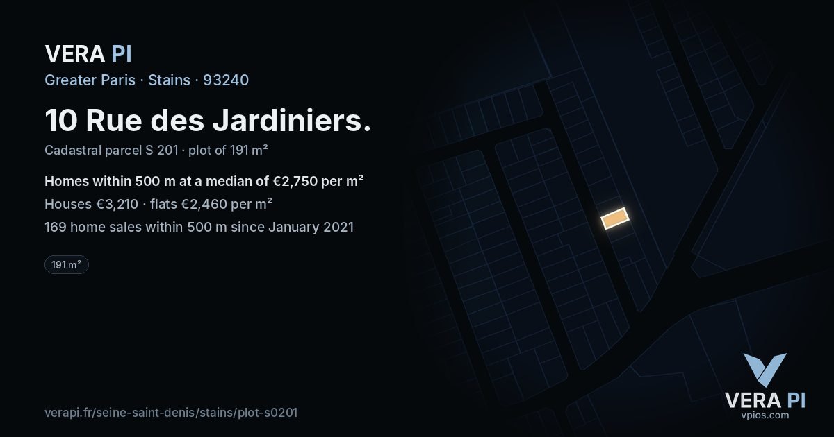 10 Rue des Jardiniers, Stains at night – the plot lit, the parcels around coloured by the prices near them