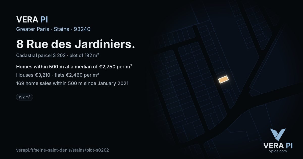8 Rue des Jardiniers, Stains at night – the plot lit, the parcels around coloured by the prices near them