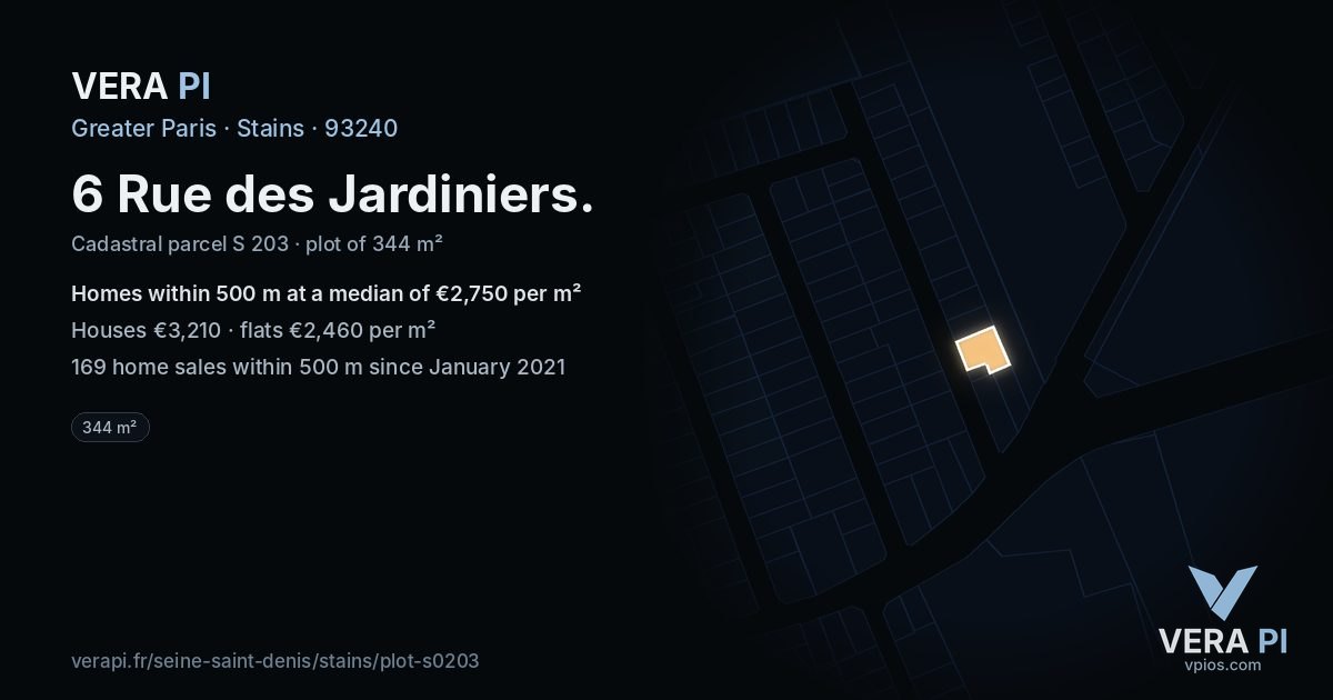 6 Rue des Jardiniers, Stains at night – the plot lit, the parcels around coloured by the prices near them