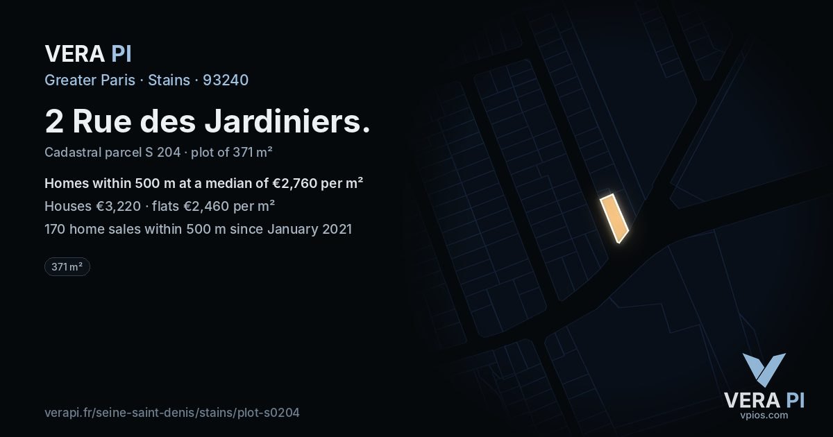 2 Rue des Jardiniers, Stains at night – the plot lit, the parcels around coloured by the prices near them