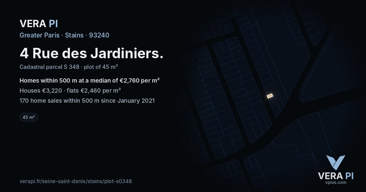 4 Rue des Jardiniers, Stains at night – the plot lit, the parcels around coloured by the prices near them