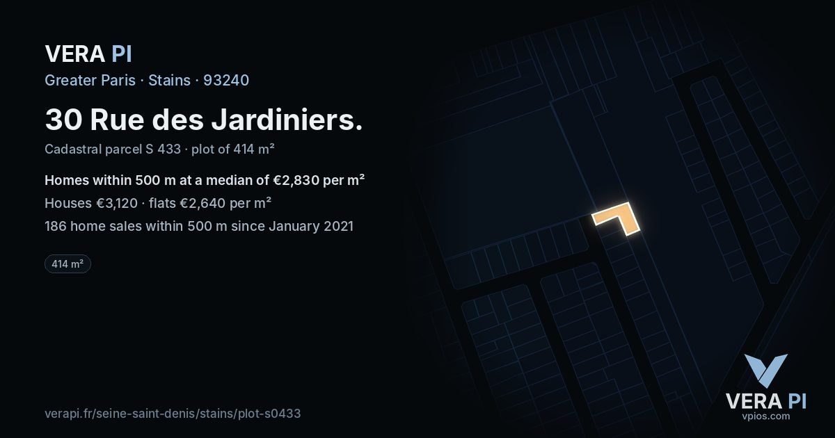 30 Rue des Jardiniers, Stains at night – the plot lit, the parcels around coloured by the prices near them