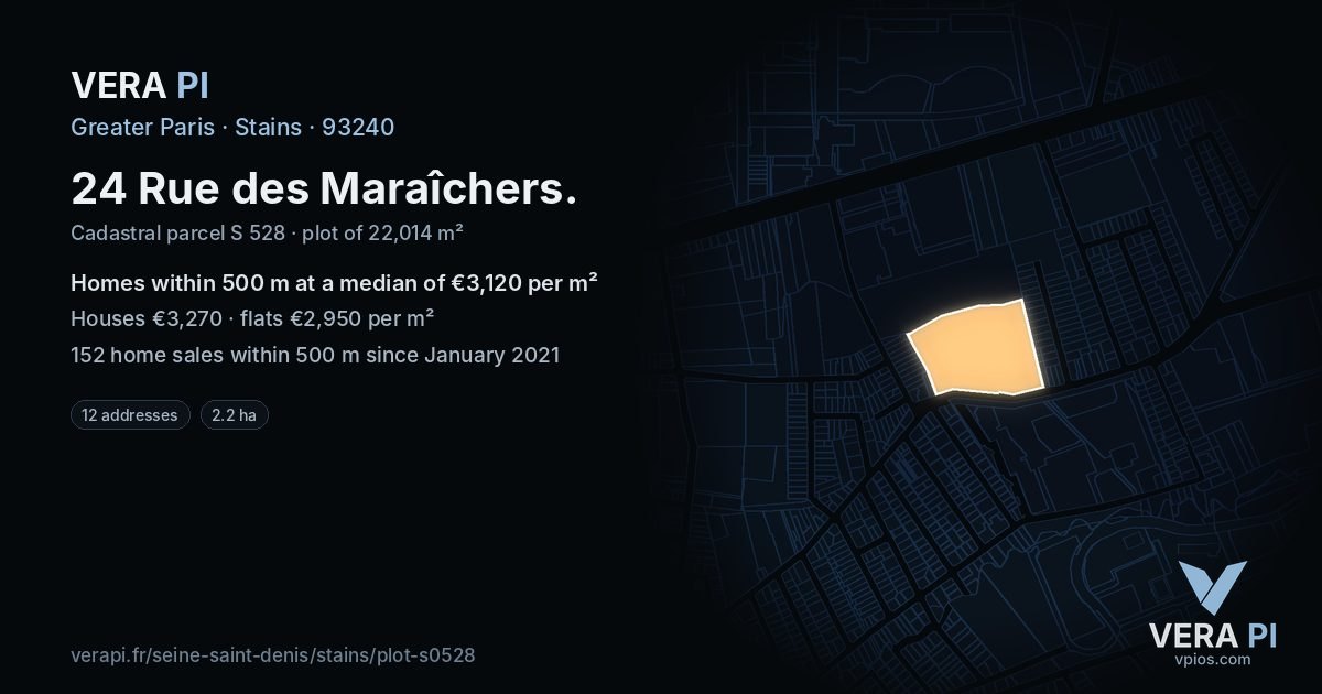 24 Rue des Maraîchers, Stains at night – the plot lit, the parcels around coloured by the prices near them