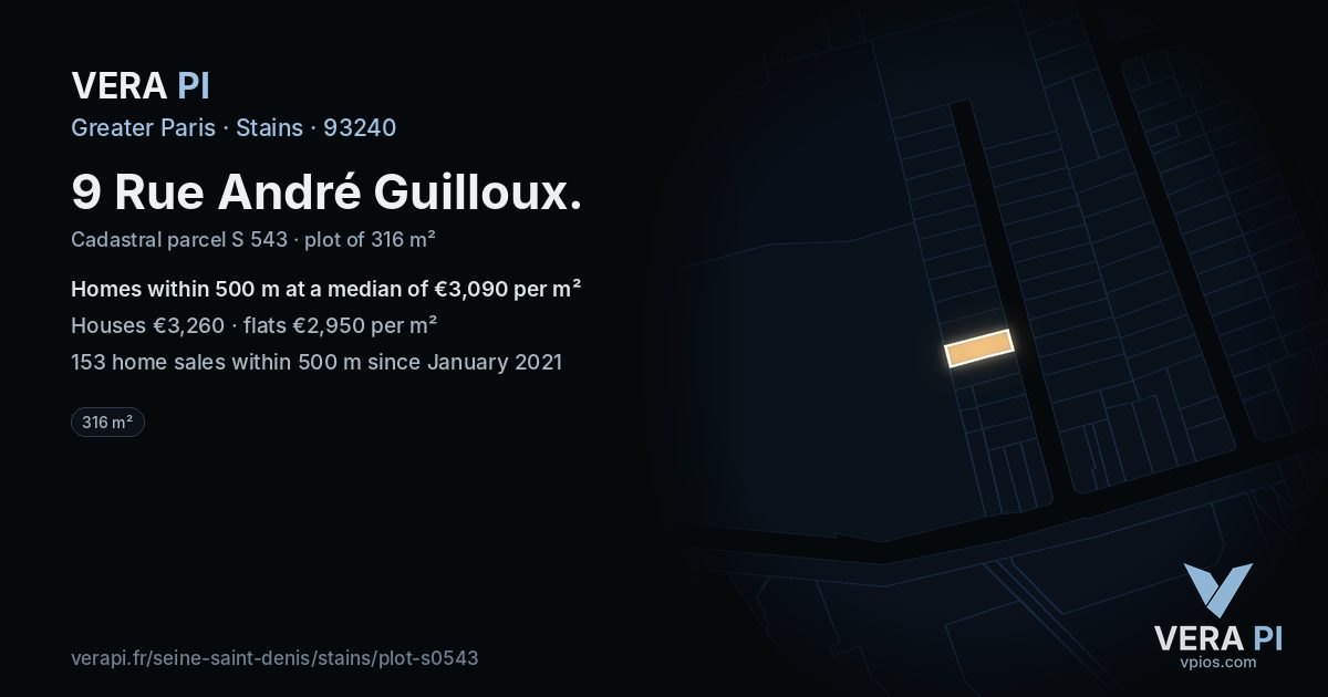 9 Rue André Guilloux, Stains at night – the plot lit, the parcels around coloured by the prices near them