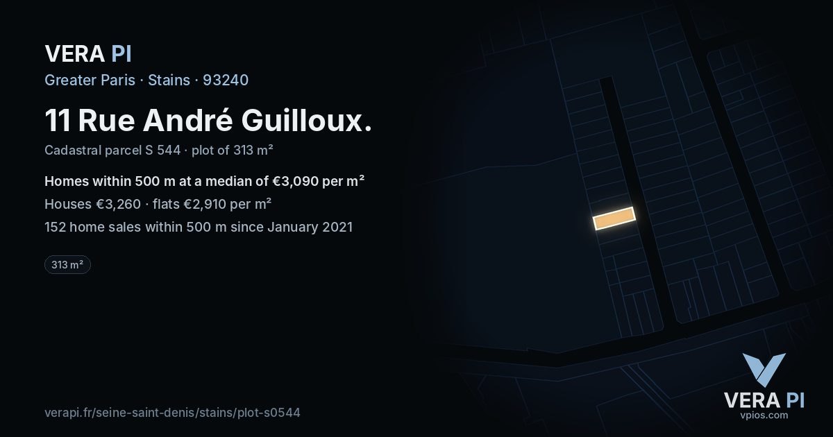 11 Rue André Guilloux, Stains at night – the plot lit, the parcels around coloured by the prices near them