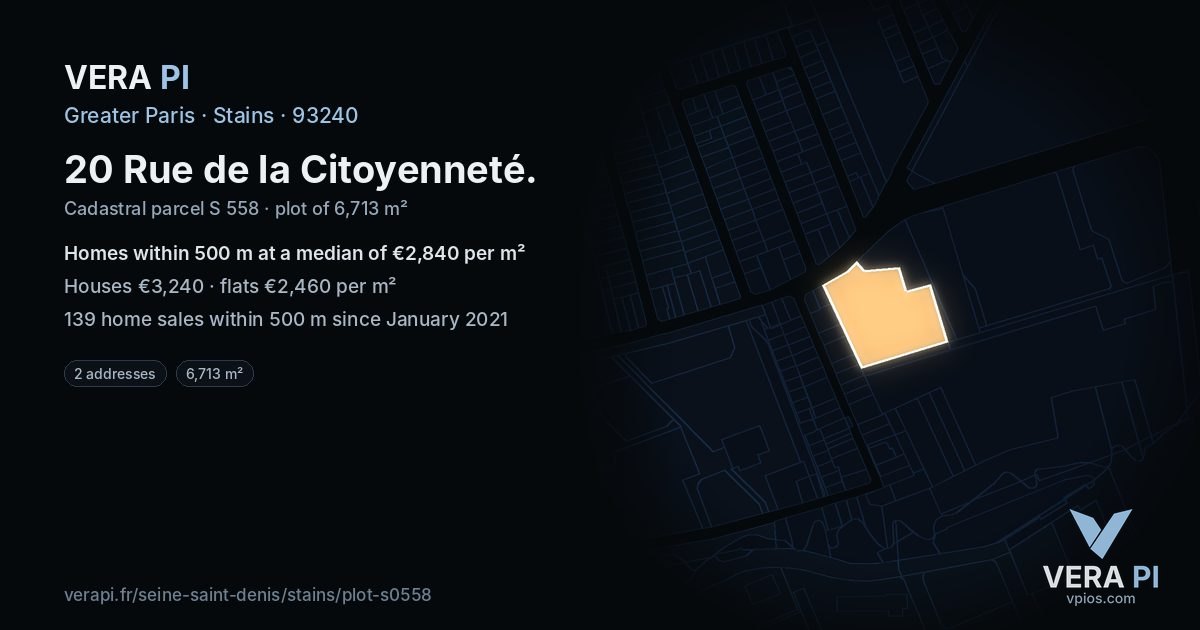 20 Rue de la Citoyenneté, Stains at night – the plot lit, the parcels around coloured by the prices near them